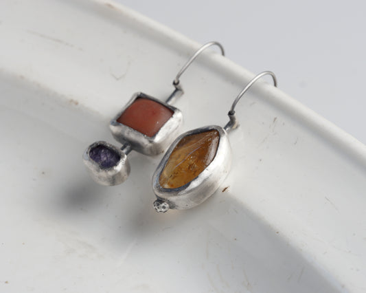 Sterling Silver Carnelian Chalcedony Sapphire Asymmetrical Earrings