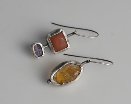 Sterling Silver Carnelian Chalcedony Sapphire Asymmetrical Earrings