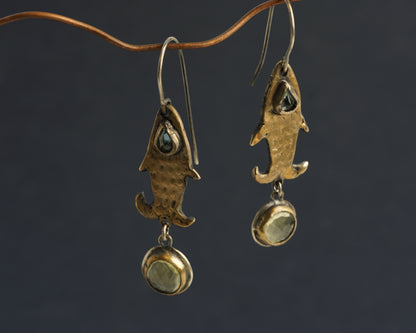Gold-Plated Fish Earrings with Blue Topaz and Lemon Quartz