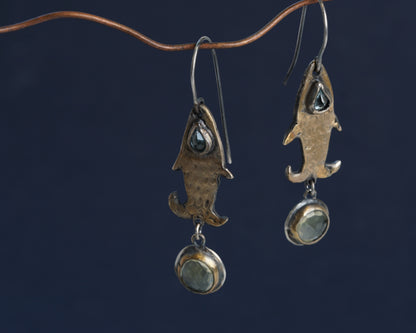 Gold-Plated Fish Earrings with Blue Topaz and Lemon Quartz
