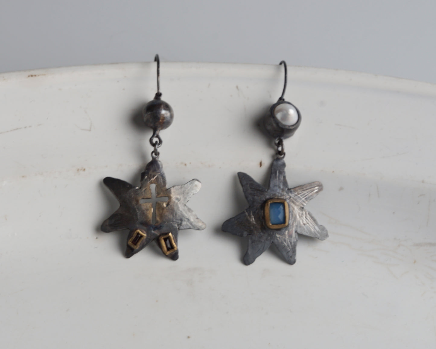 Handcraftet Starburst Earrings with Garnets, Agate, and Pearl