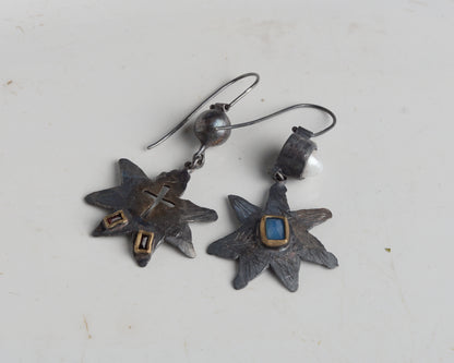 Handcraftet Starburst Earrings with Garnets, Agate, and Pearl