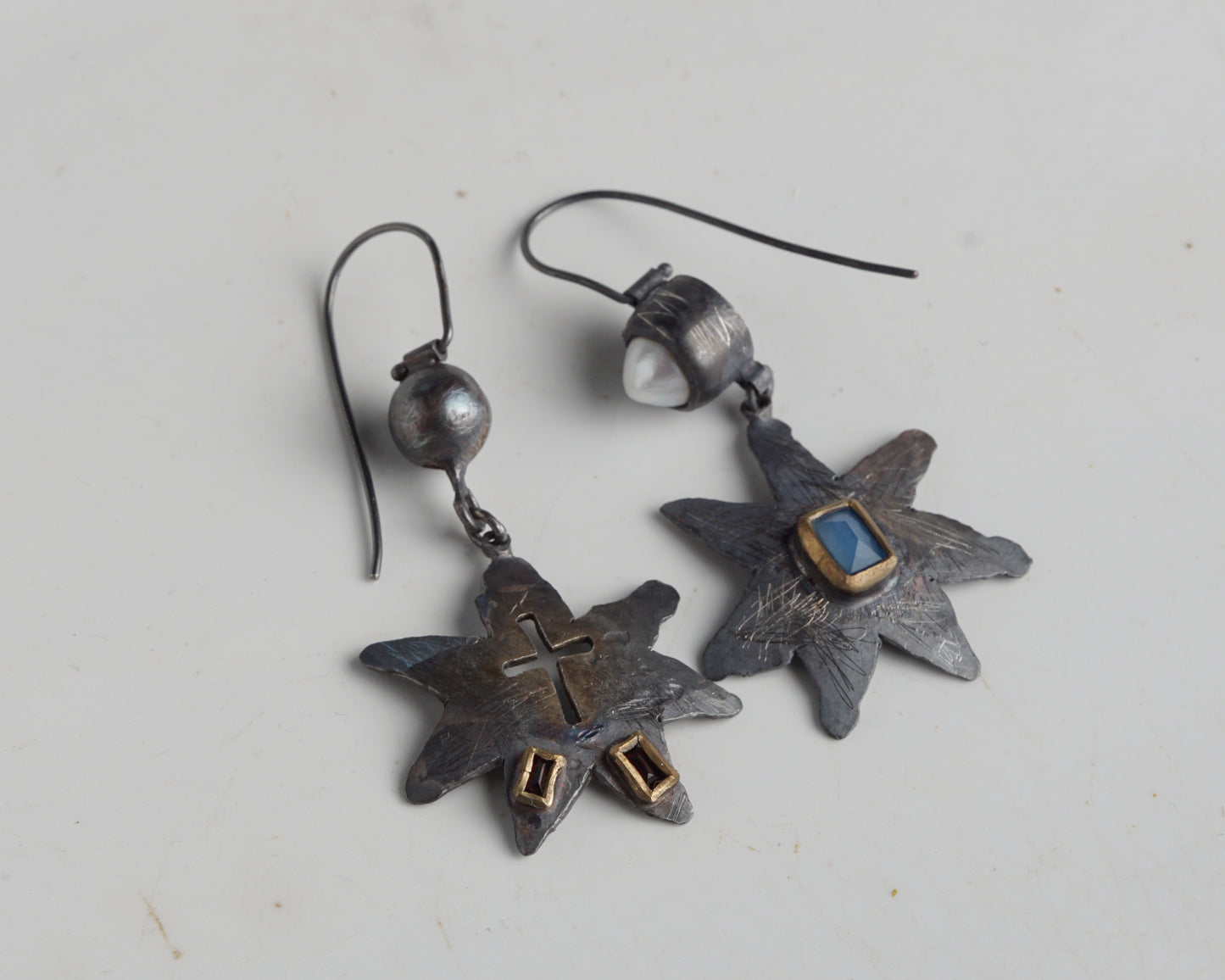Handcraftet Starburst Earrings with Garnets, Agate, and Pearl