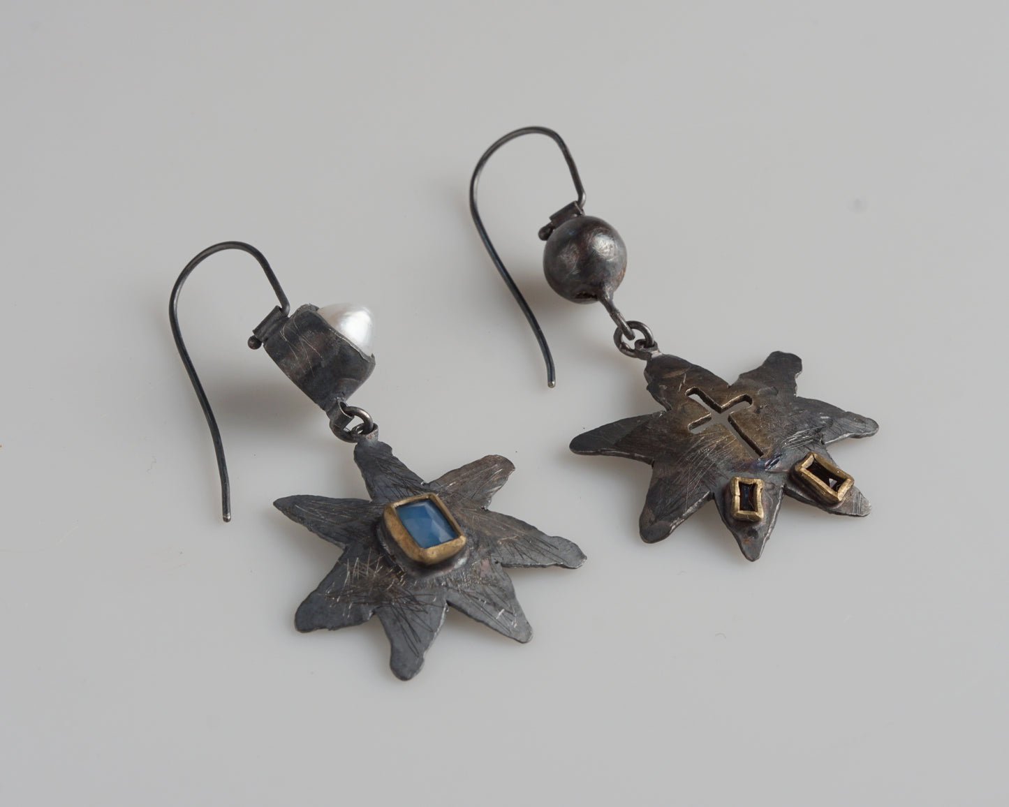 Handcraftet Starburst Earrings with Garnets, Agate, and Pearl