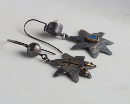 Handcraftet Starburst Earrings with Garnets, Agate, and Pearl