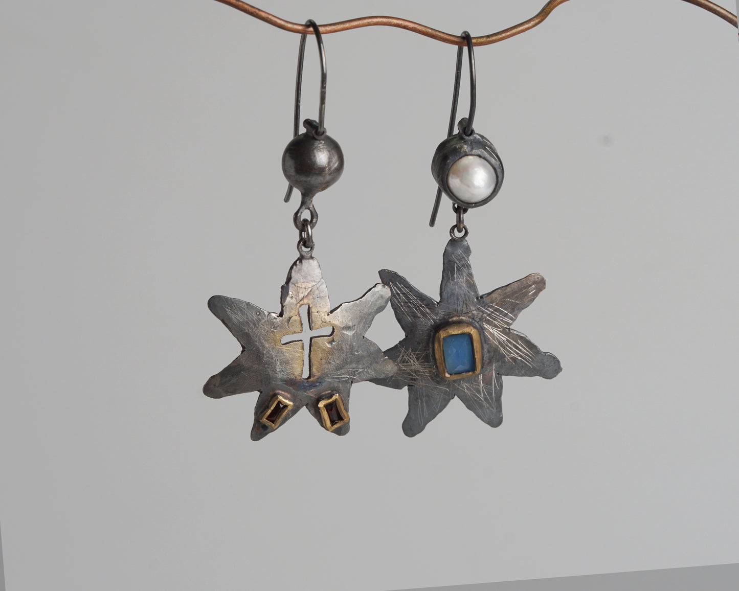 Handcraftet Starburst Earrings with Garnets, Agate, and Pearl