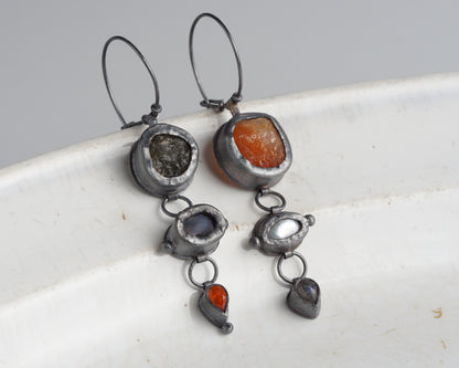 Actinolite Quartz, Ethiopian Opal, Carnelian & Fire Opal, Pearl & Labradorite Earrings