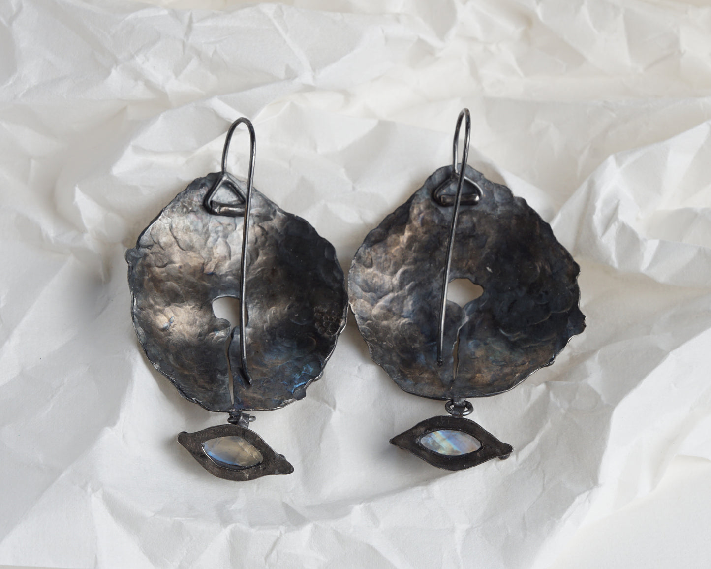 Hand-Forged Oxidized Silver Earrings with Moonstone and Gold Plating