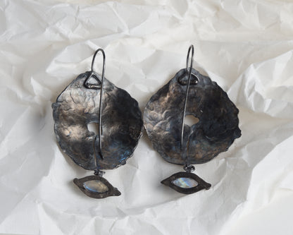 Hand-Forged Oxidized Silver Earrings with Moonstone and Gold Plating