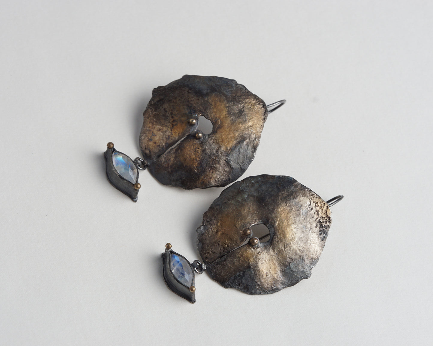 Hand-Forged Oxidized Silver Earrings with Moonstone and Gold Plating