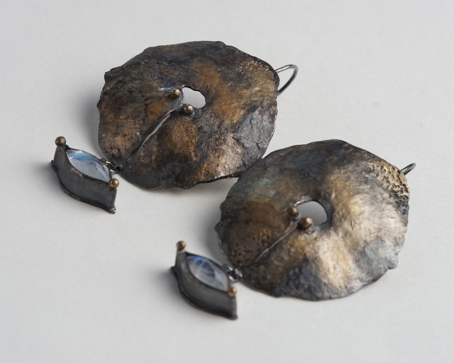 Hand-Forged Oxidized Silver Earrings with Moonstone and Gold Plating