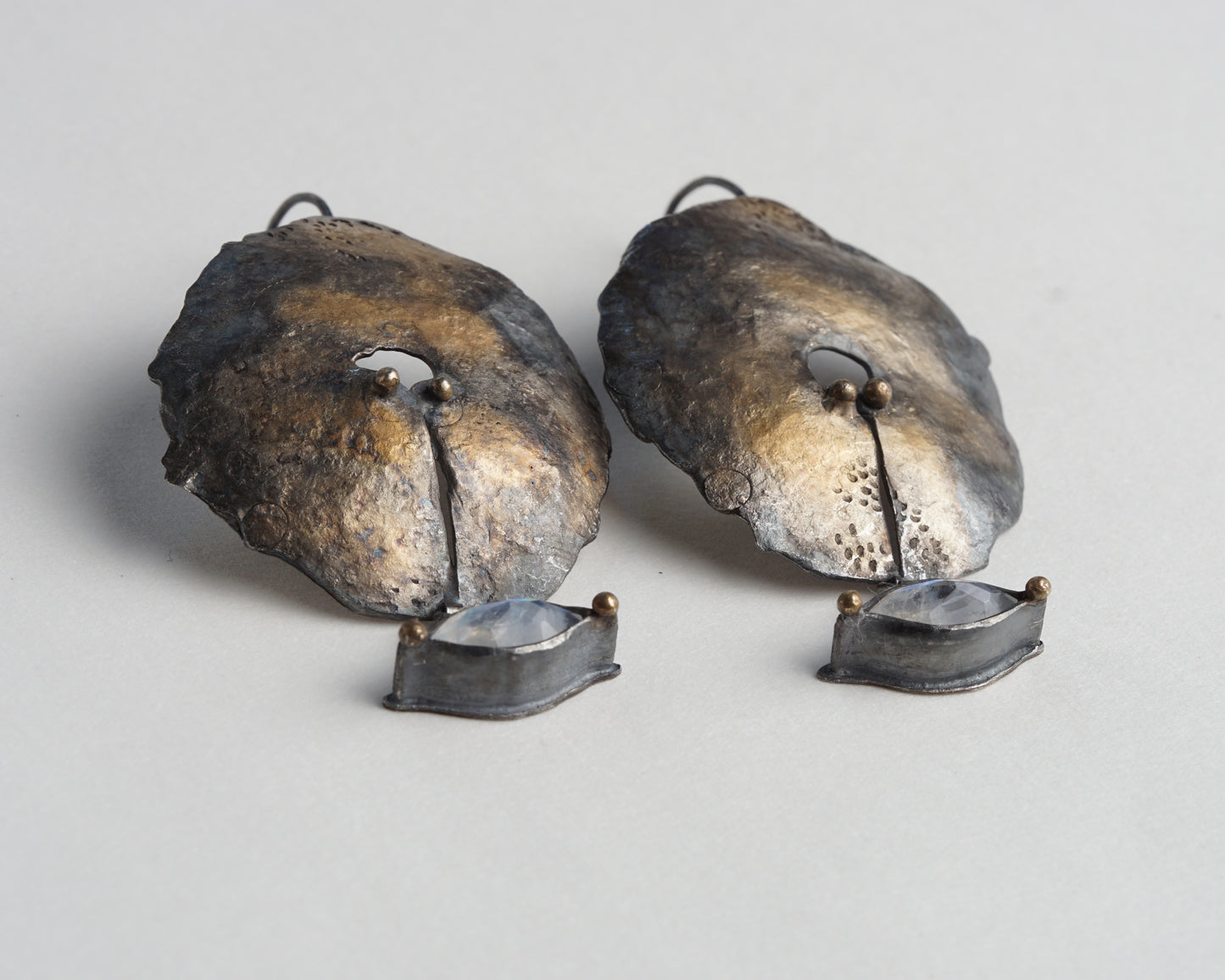 Hand-Forged Oxidized Silver Earrings with Moonstone and Gold Plating
