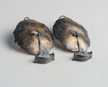 Hand-Forged Oxidized Silver Earrings with Moonstone and Gold Plating