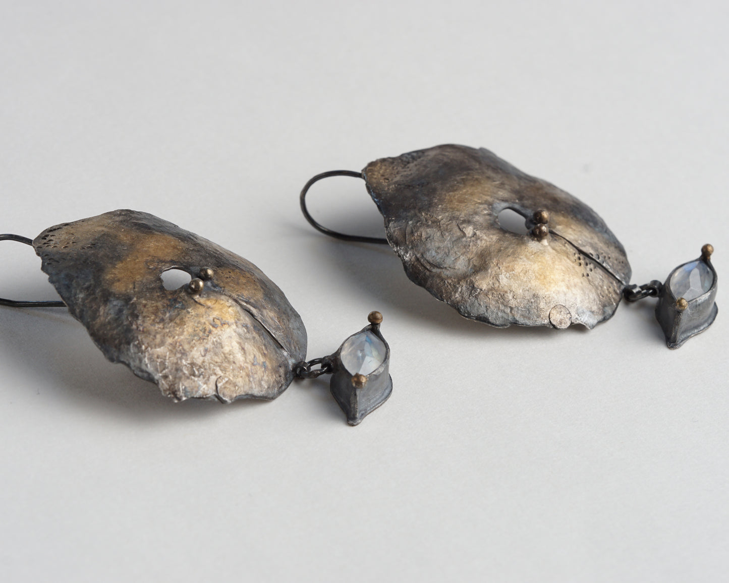 Hand-Forged Oxidized Silver Earrings with Moonstone and Gold Plating