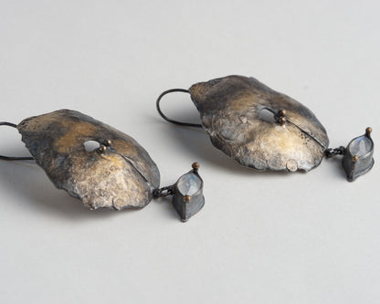 Hand-Forged Oxidized Silver Earrings with Moonstone and Gold Plating
