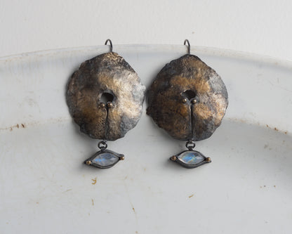 Hand-Forged Oxidized Silver Earrings with Moonstone and Gold Plating