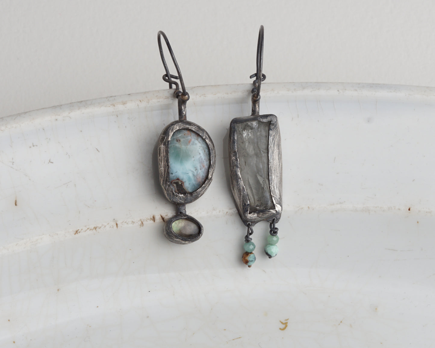 Asymmetrical Larimar and Prasiolite Earrings with Emerald Beads and Abalone Shell