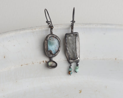 Asymmetrical Larimar and Prasiolite Earrings with Emerald Beads and Abalone Shell