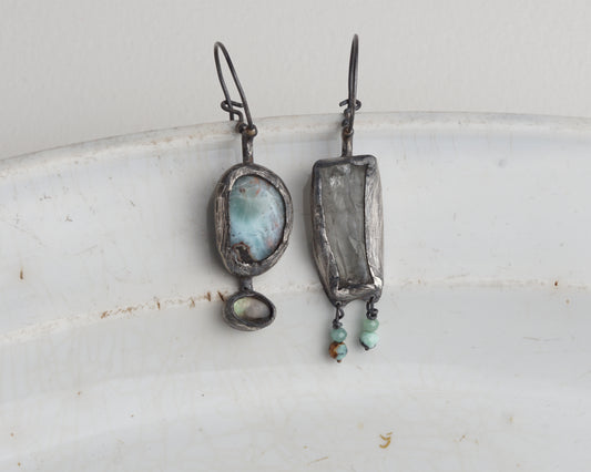 Asymmetrical Larimar and Prasiolite Earrings with Emerald Beads and Abalone Shell