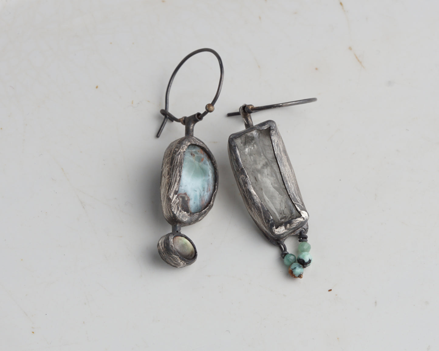 Asymmetrical Larimar and Prasiolite Earrings with Emerald Beads and Abalone Shell
