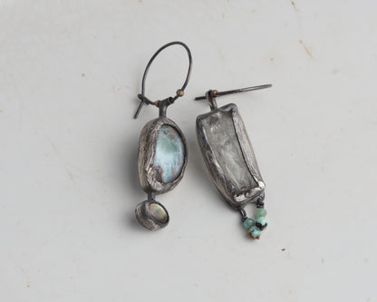 Asymmetrical Larimar and Prasiolite Earrings with Emerald Beads and Abalone Shell