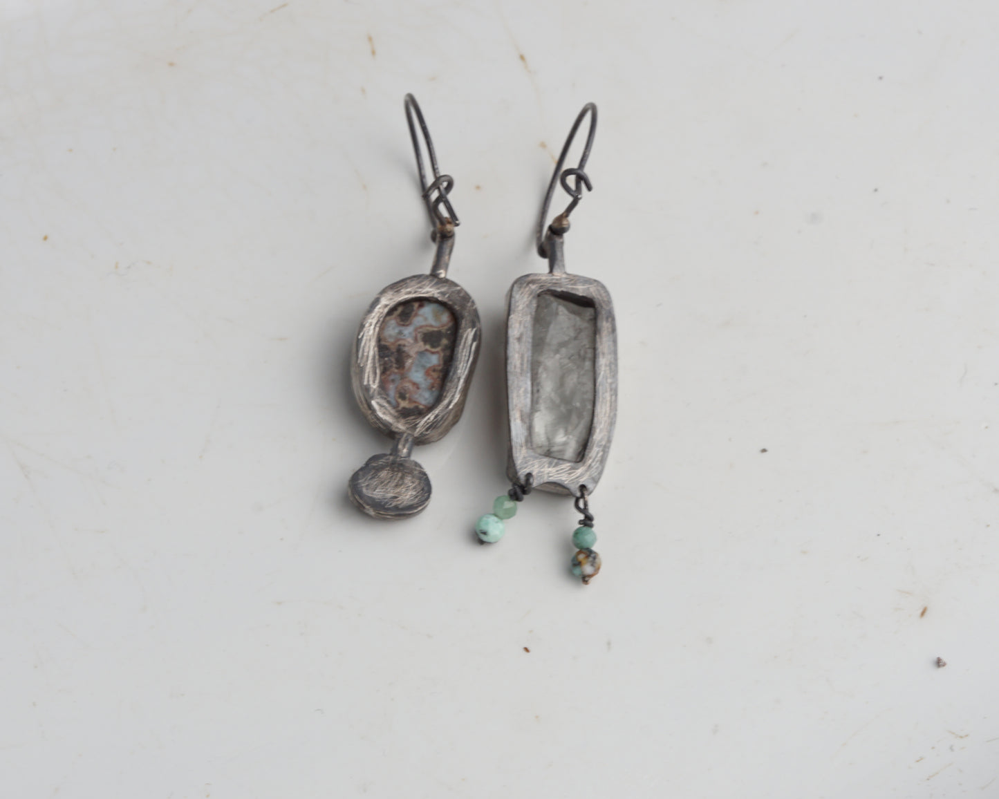 Asymmetrical Larimar and Prasiolite Earrings with Emerald Beads and Abalone Shell