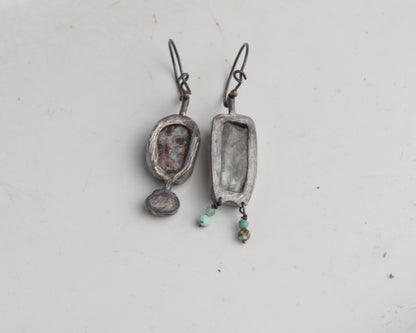 Asymmetrical Larimar and Prasiolite Earrings with Emerald Beads and Abalone Shell