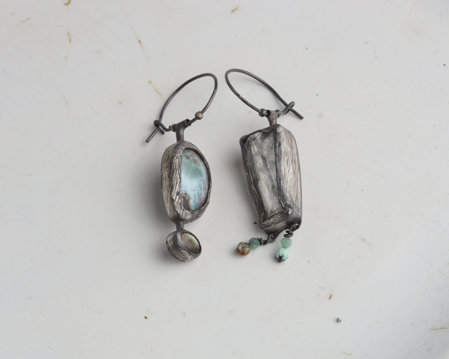 Asymmetrical Larimar and Prasiolite Earrings with Emerald Beads and Abalone Shell