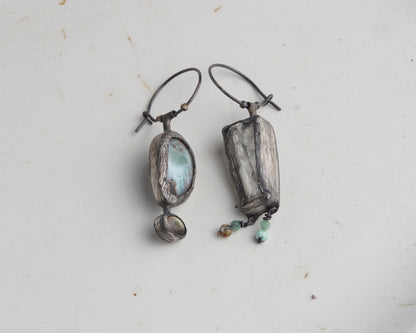 Asymmetrical Larimar and Prasiolite Earrings with Emerald Beads and Abalone Shell