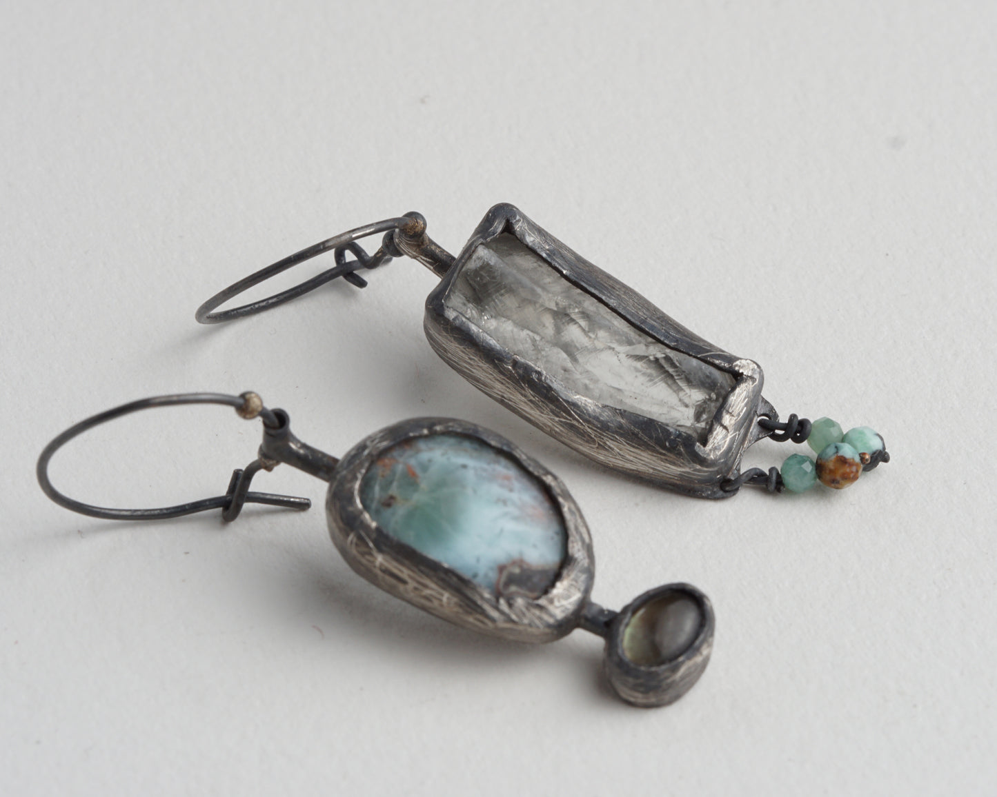 Asymmetrical Larimar and Prasiolite Earrings with Emerald Beads and Abalone Shell