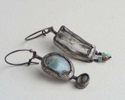 Asymmetrical Larimar and Prasiolite Earrings with Emerald Beads and Abalone Shell