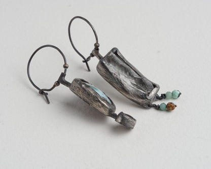 Asymmetrical Larimar and Prasiolite Earrings with Emerald Beads and Abalone Shell