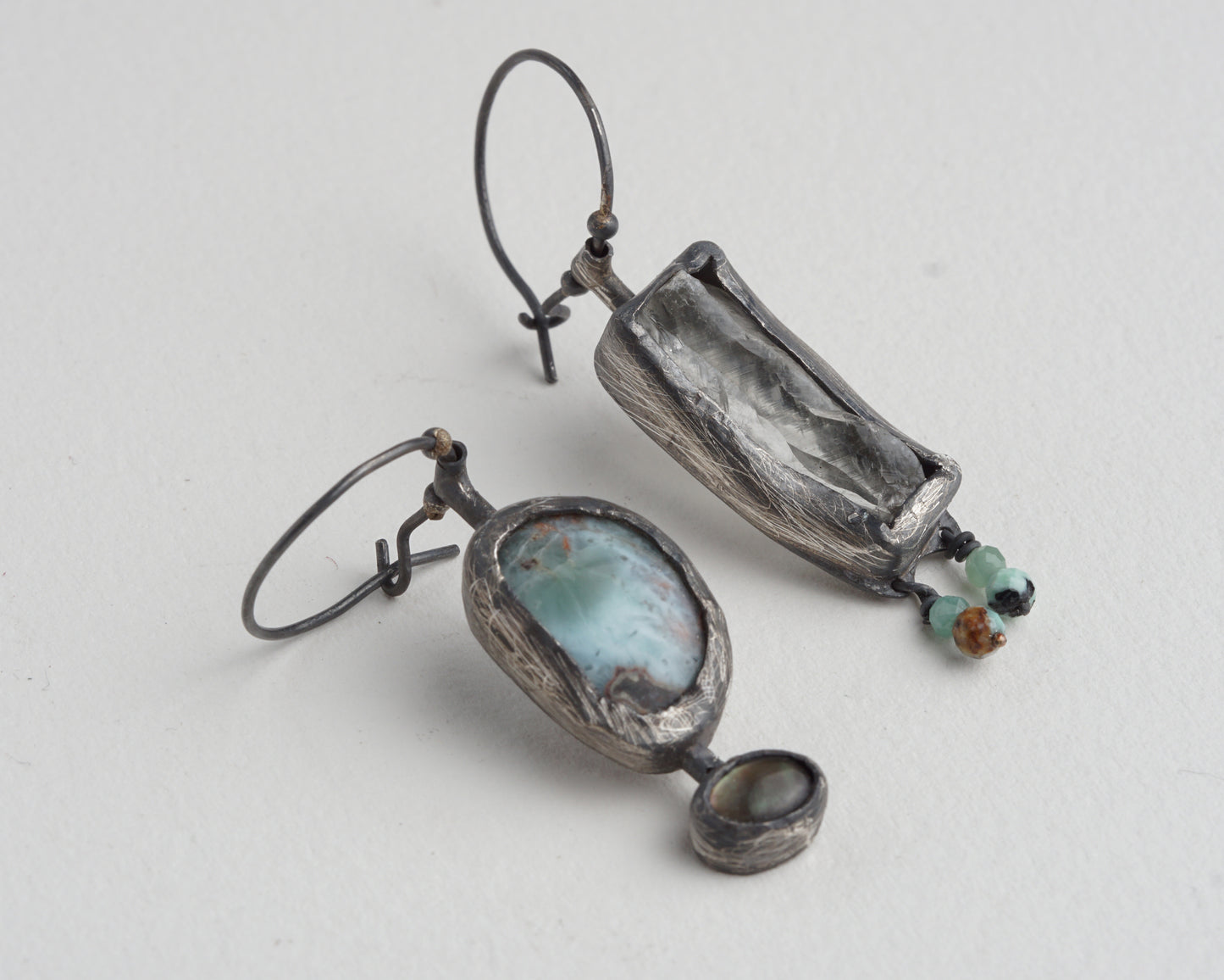 Asymmetrical Larimar and Prasiolite Earrings with Emerald Beads and Abalone Shell