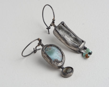 Asymmetrical Larimar and Prasiolite Earrings with Emerald Beads and Abalone Shell