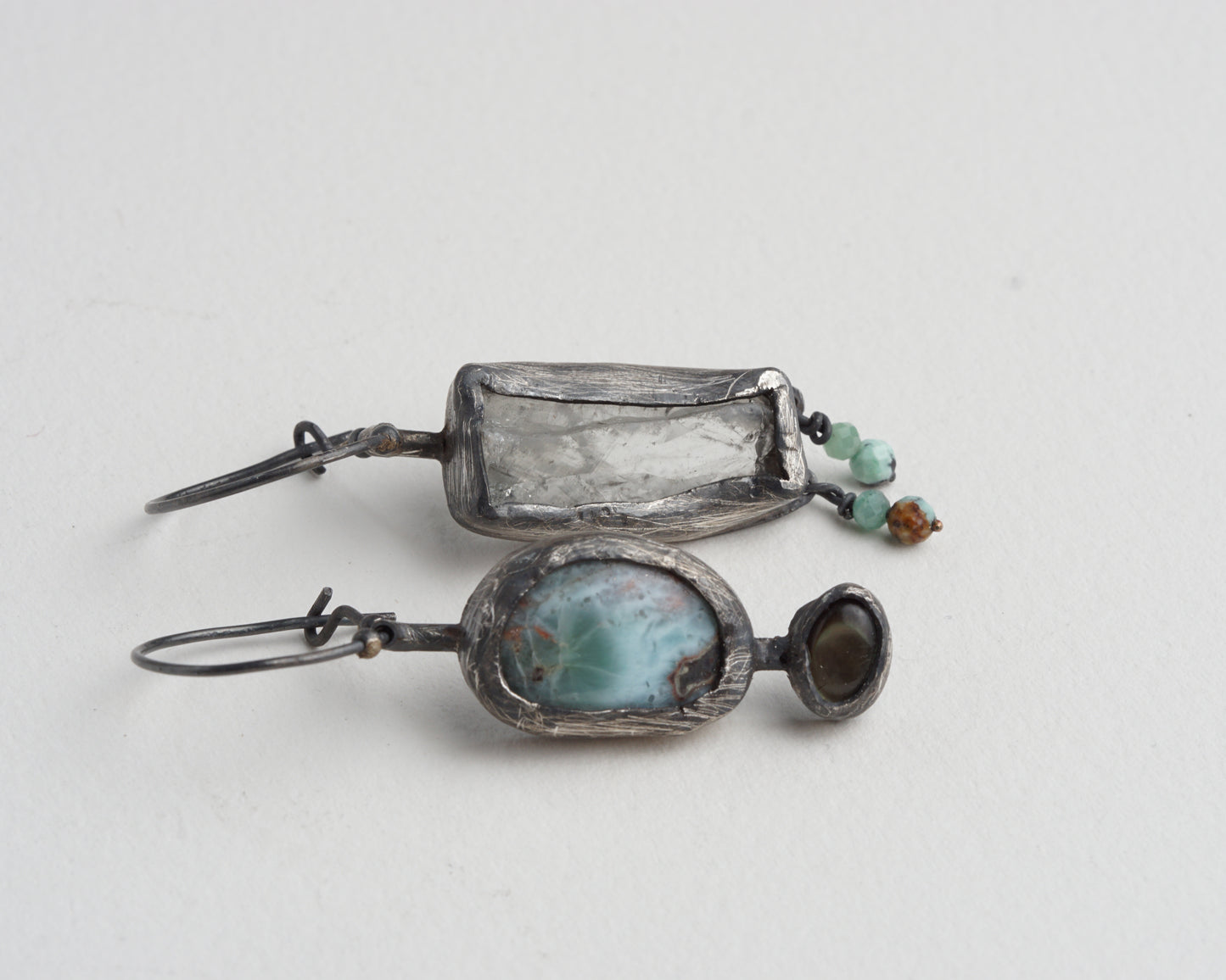 Asymmetrical Larimar and Prasiolite Earrings with Emerald Beads and Abalone Shell
