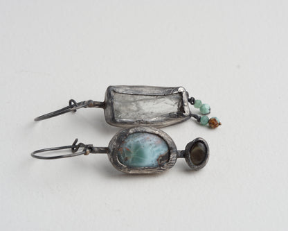 Asymmetrical Larimar and Prasiolite Earrings with Emerald Beads and Abalone Shell