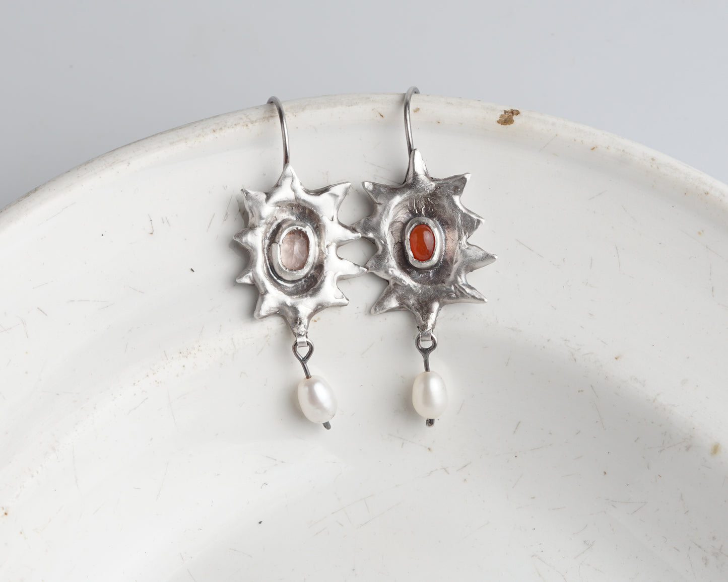 Handcrafted Silver Sunburst Earrings with Rose Quartz, Carnelian & Freshwater Pearls