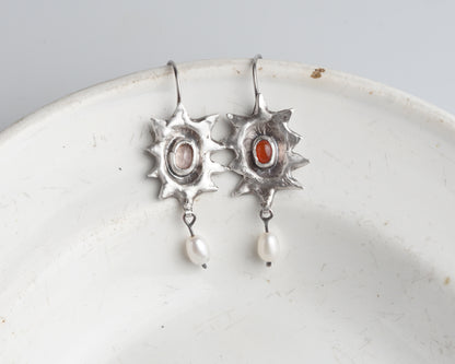 Handcrafted Silver Sunburst Earrings with Rose Quartz, Carnelian & Freshwater Pearls