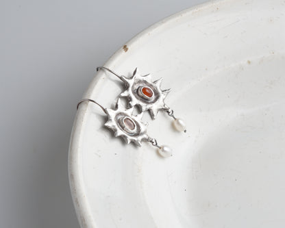 Handcrafted Silver Sunburst Earrings with Rose Quartz, Carnelian & Freshwater Pearls