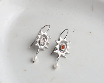 Handcrafted Silver Sunburst Earrings with Rose Quartz, Carnelian & Freshwater Pearls