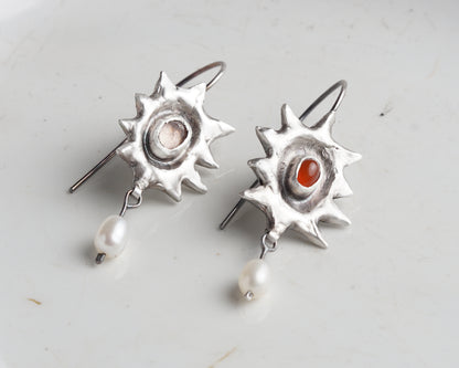 Handcrafted Silver Sunburst Earrings with Rose Quartz, Carnelian & Freshwater Pearls