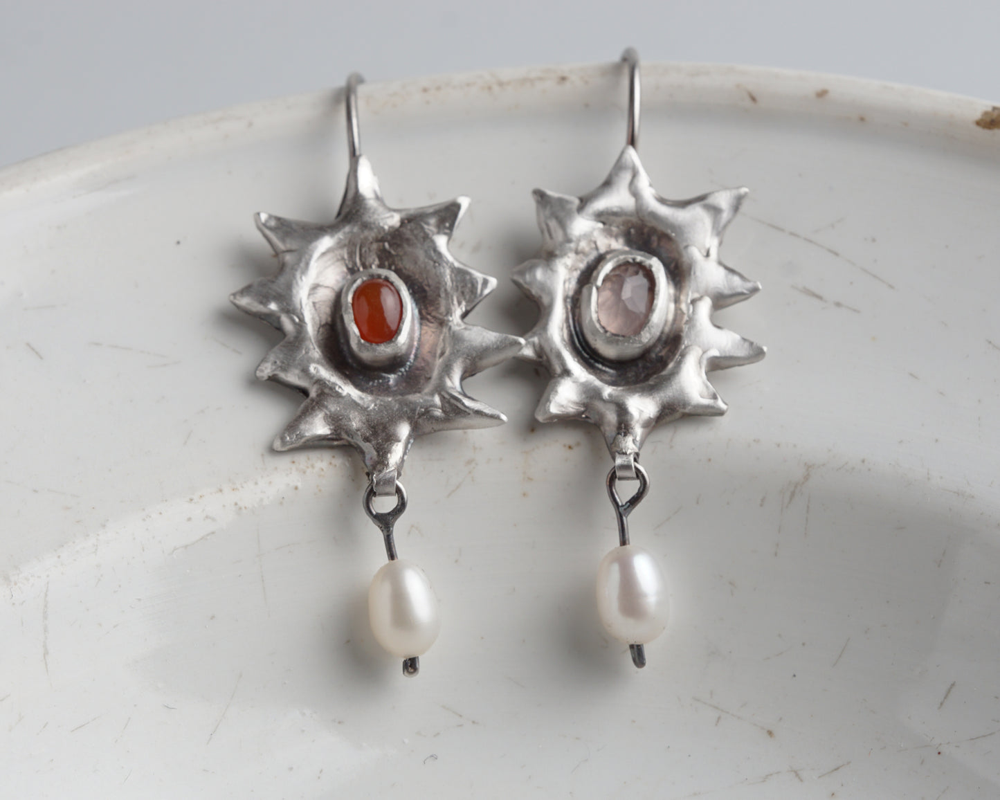 Handcrafted Silver Sunburst Earrings with Rose Quartz, Carnelian & Freshwater Pearls