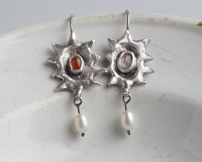 Handcrafted Silver Sunburst Earrings with Rose Quartz, Carnelian & Freshwater Pearls