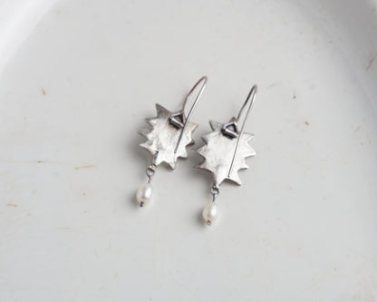 Handcrafted Silver Sunburst Earrings with Rose Quartz, Carnelian & Freshwater Pearls