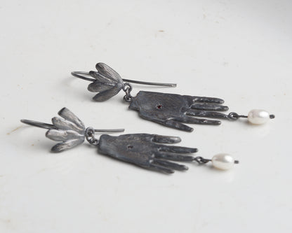 Sterling Silver Hand Earrings with Ruby and Pearl