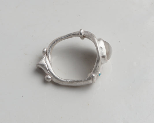 Sugarloaf Moonstone and Turquoise Silver Ring