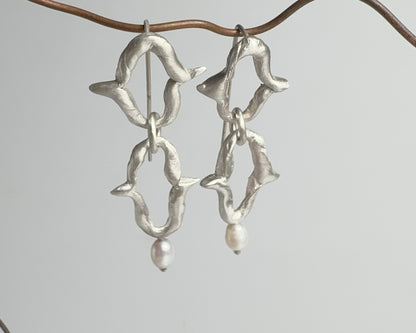 Organic Silver Link Earrings with Pearl Accent