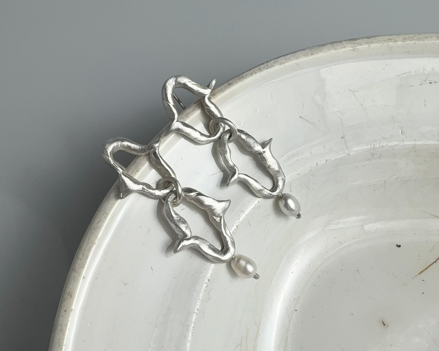 Organic Silver Link Earrings with Pearl Accent