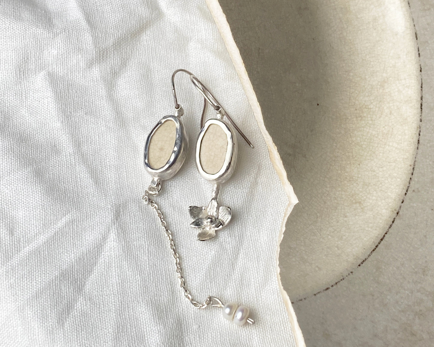 Asymmetrical Sterling Silver Earrings with Upcycled Vintage Porcelain and Pearl Detail