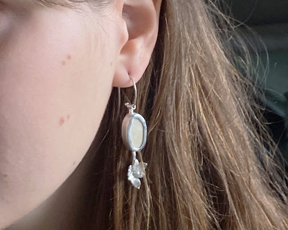 Asymmetrical Sterling Silver Earrings with Upcycled Vintage Porcelain and Pearl Detail